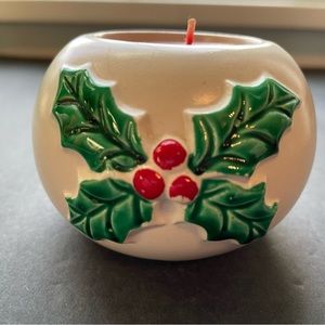 Vintage Colonial Candle white ceramic candle holder with holly.